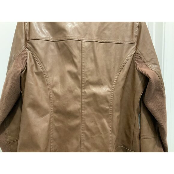 Chicos Jacket Small (1) Brown Vegan Faux Leather Sleeves Ruffle Trim Zip Lined - Picture 7 of 12